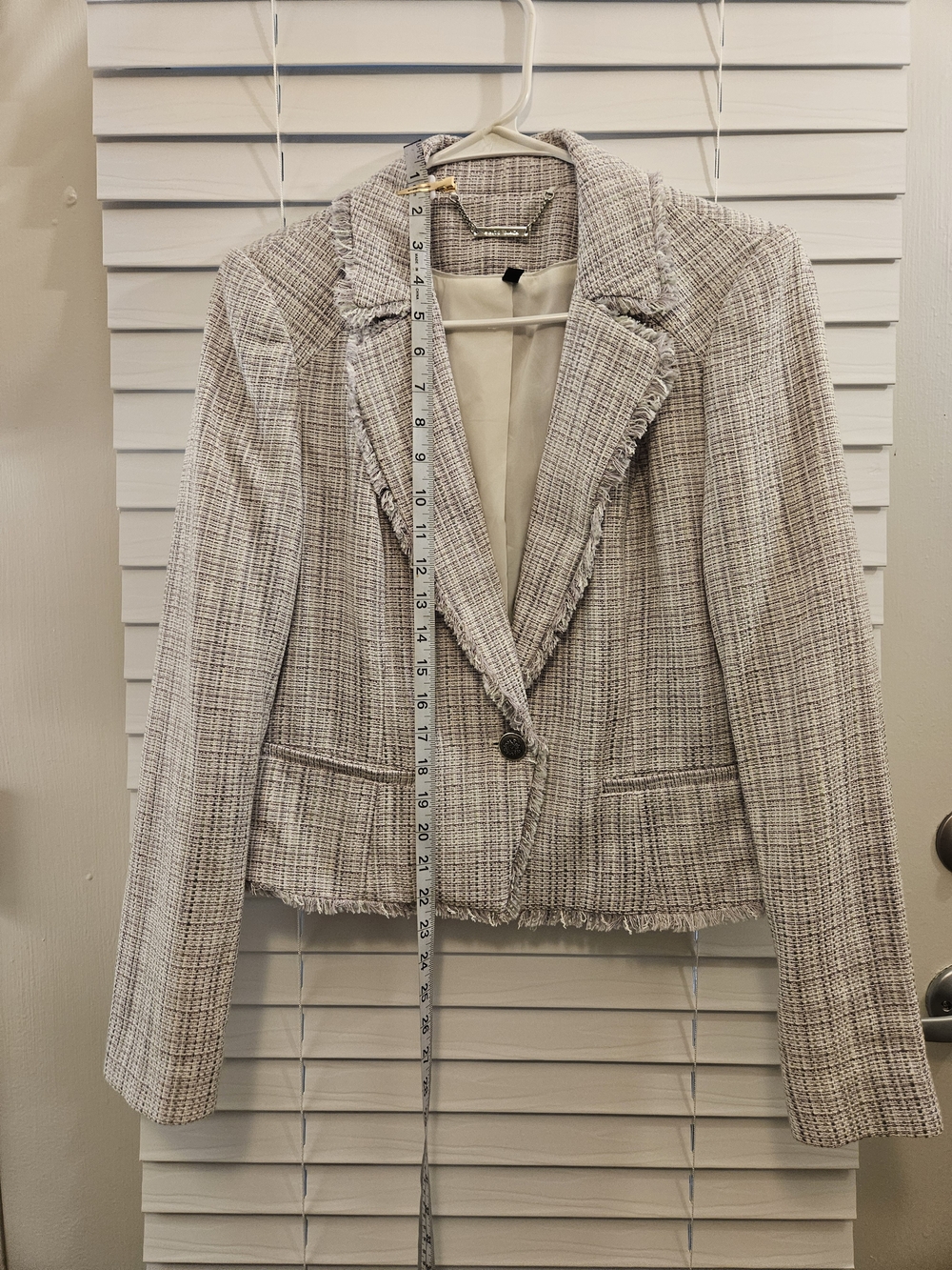 White House Black Market Lilac Tweed Skirt Blazer Set Fringe Pencil Skirt Sz 8 - Picture 6 of 12